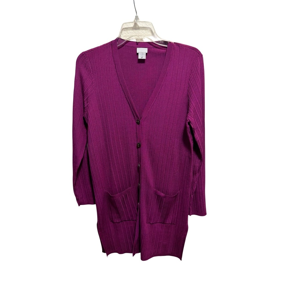 Chicos Cardigan Magenta Ribbed Button Front Long Sleeve Pockets Size 0